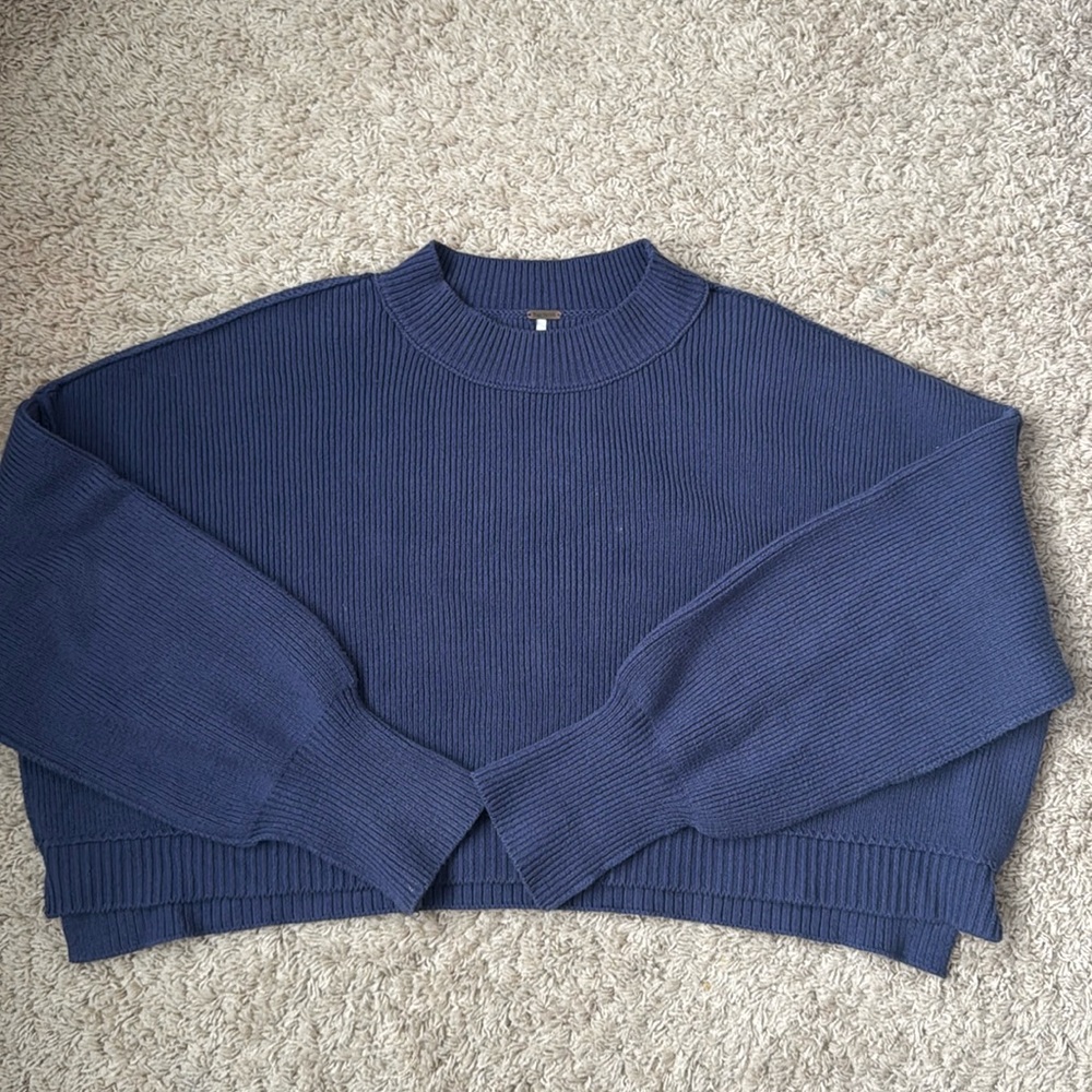 Free people easy street cropped knit sweater pullover  in navy | medium